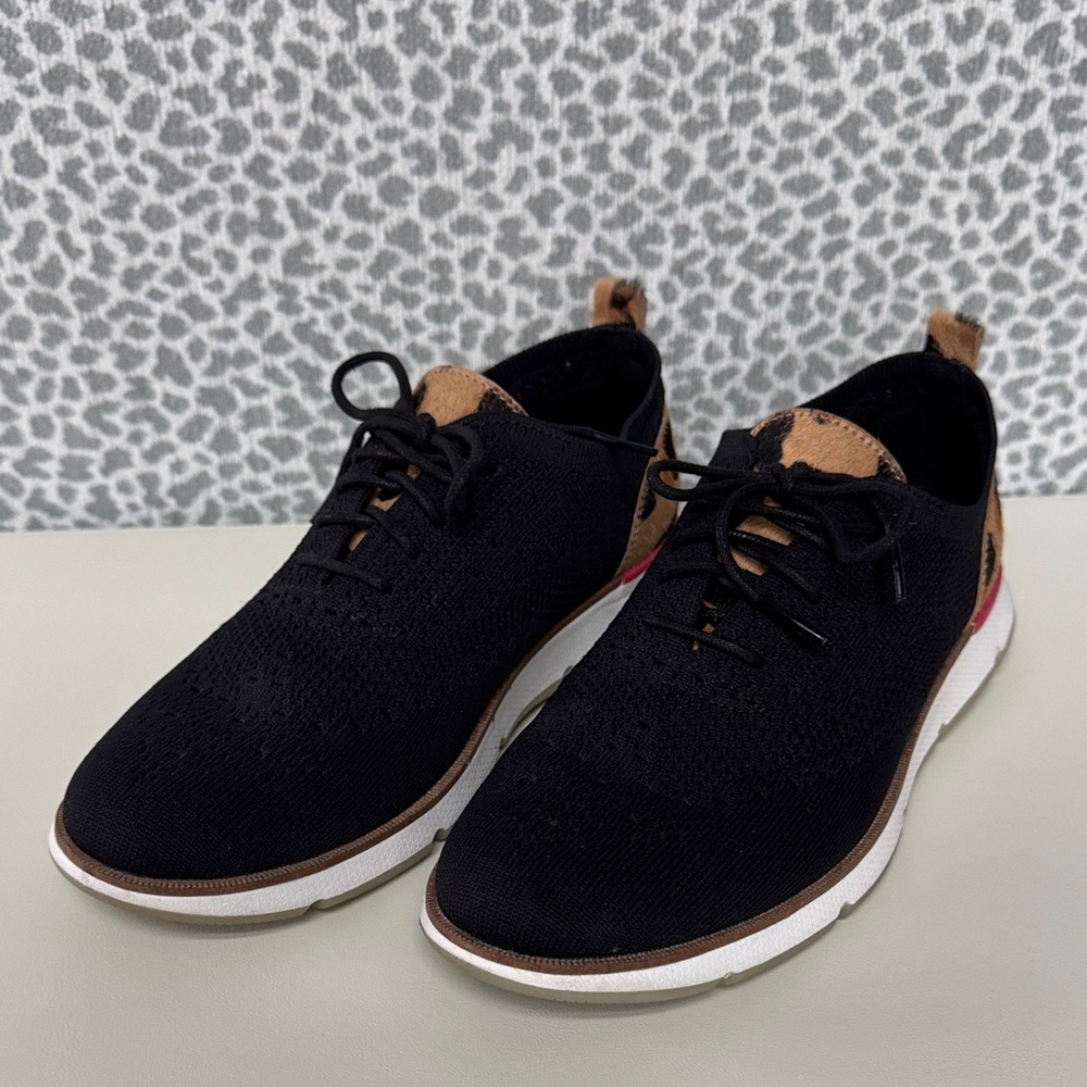 Women’s Black Knit Lace-Up Sneakers with Animal Print Accents